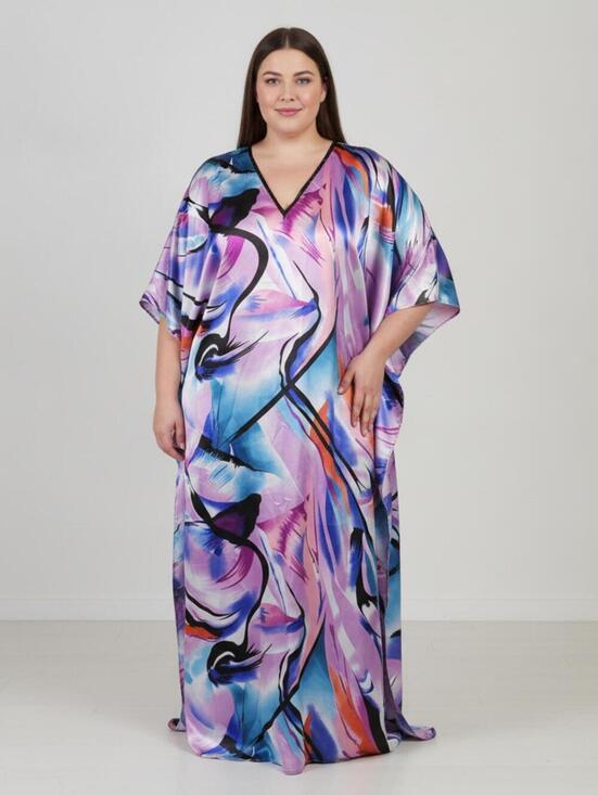 Jackets & Blazers - Women’s Abstract Print Caftan Maxi Dress One Size Polyester V-Neck